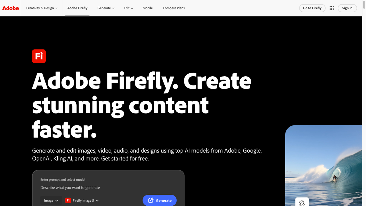 Adobe Firefly landing page with its prompt box and model selector