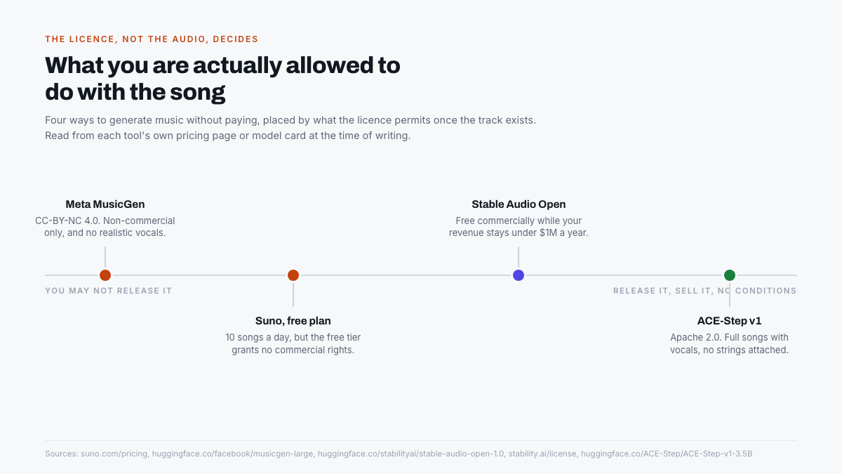 Chart placing four free AI music tools by what their licence permits, from may not release it to sell it with no conditions