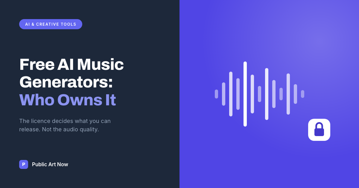 Public Art Now featured card reading Free AI Music Generators, Who Owns It, beside an audio waveform and a padlock badge