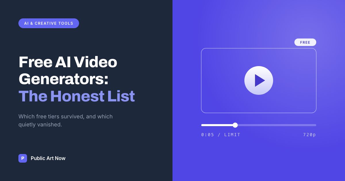 Public Art Now featured card reading Free AI Video Generators, The Honest List, beside a video player motif marked FREE