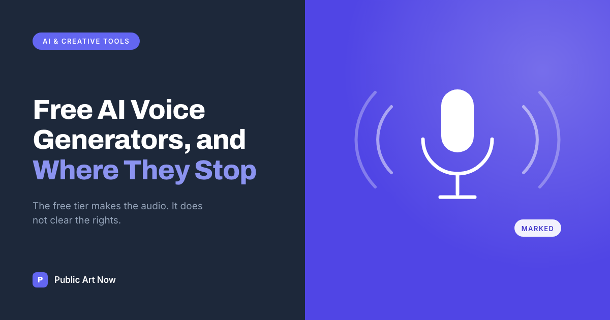 Public Art Now featured card reading Free AI Voice Generators and Where They Stop, beside a microphone with sound arcs and a MARKED badge