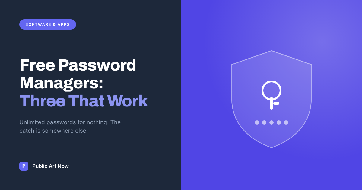 Public Art Now featured card reading Free Password Managers, Three That Work, beside a shield with a keyhole and password dots