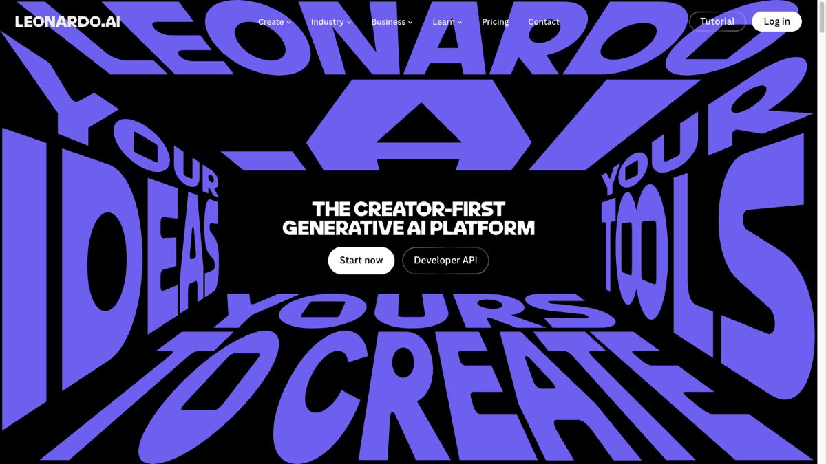 Leonardo.Ai landing page showing the creator-first generative AI platform