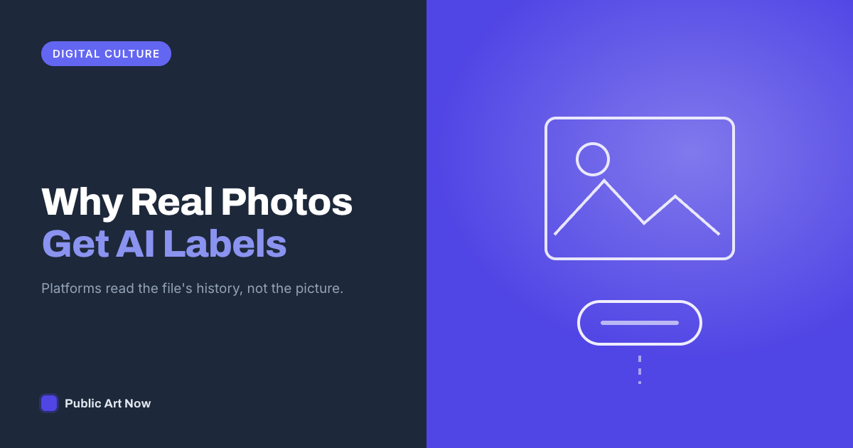 Public Art Now featured card reading Why Real Photos Get AI Labels, beside an image frame and a label badge