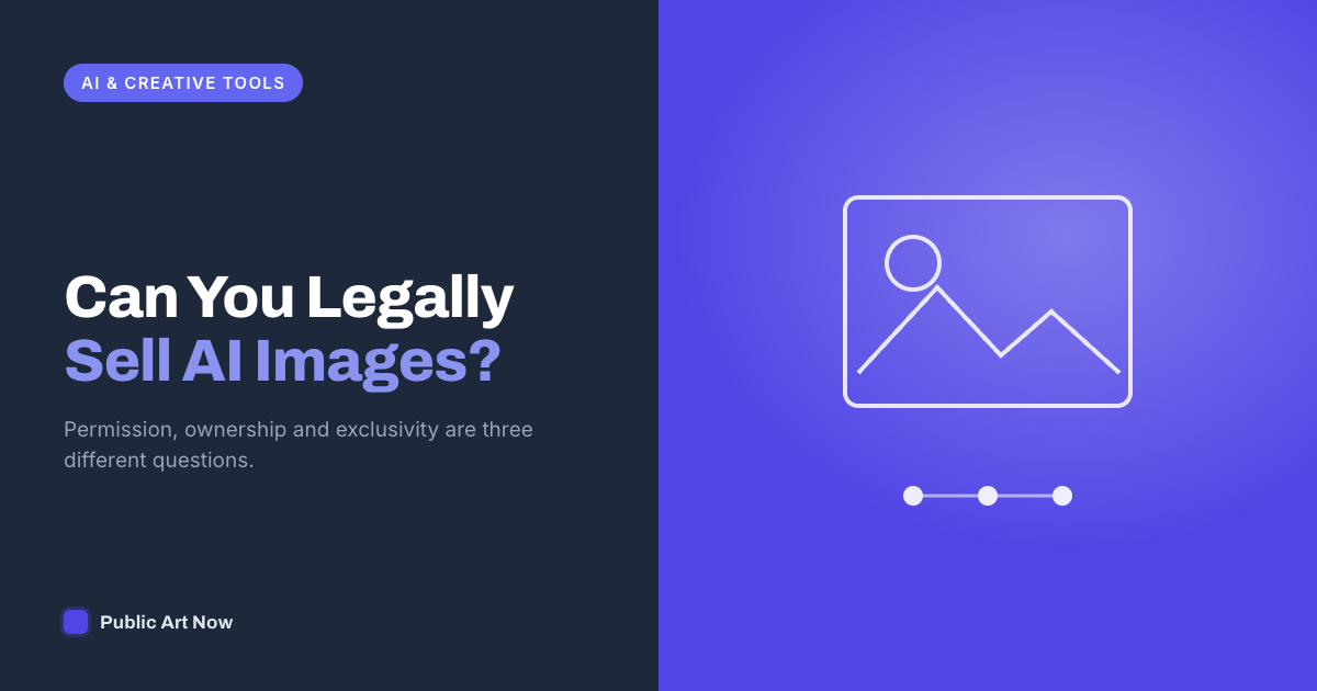 Public Art Now featured card reading Can You Legally Sell AI Images, beside a picture frame and a three-step chain