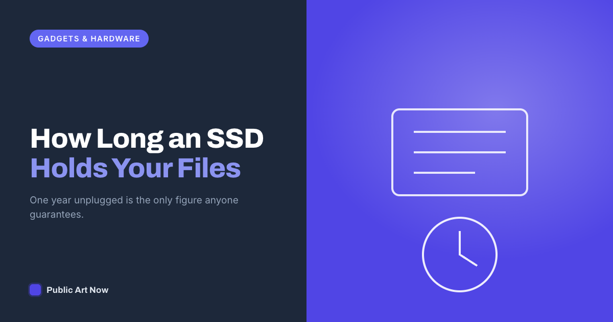 Public Art Now featured card reading How Long an SSD Holds Your Files, beside a drive outline and a clock