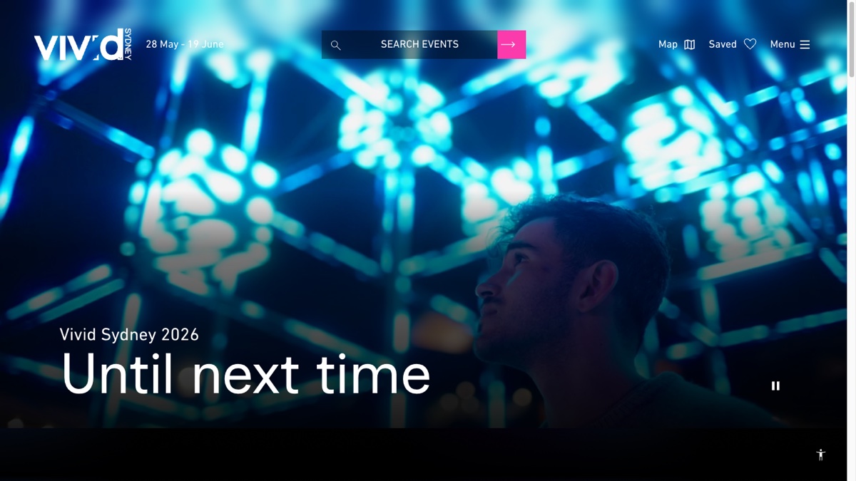 Vivid Sydney official site showing the 2026 festival dates and a projected light installation