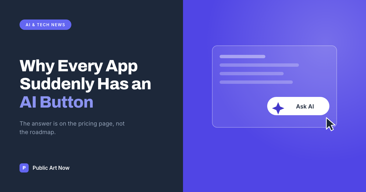 Public Art Now featured card reading Why Every App Suddenly Has an AI Button, beside an app window with an Ask AI button