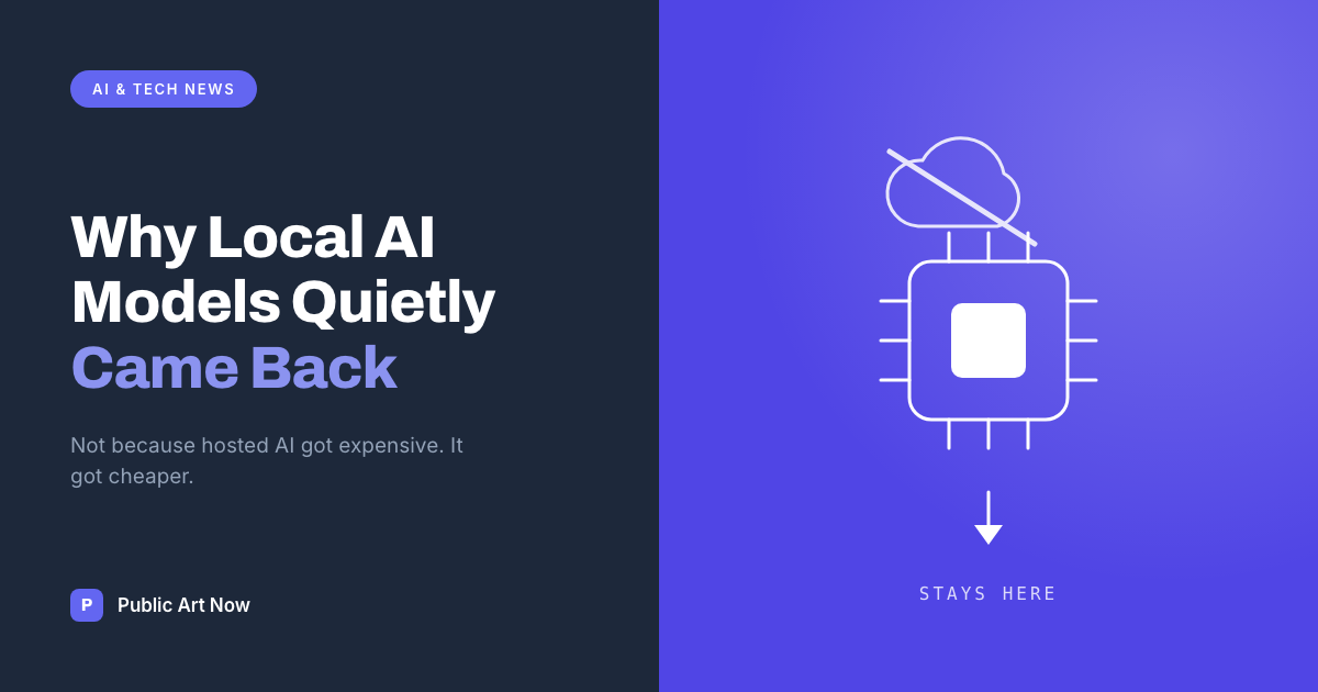 Public Art Now featured card reading Why Local AI Models Quietly Came Back, beside a processor with a crossed-out cloud above it